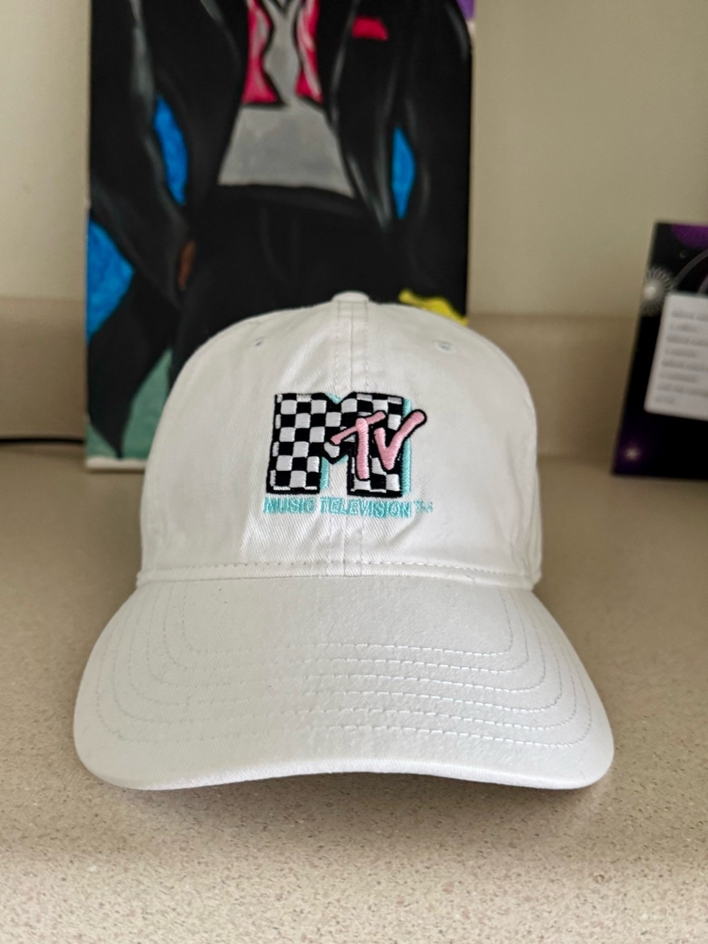 MTV Music Television Checkerboard Logo Hat White Adjustable Cotton Cap